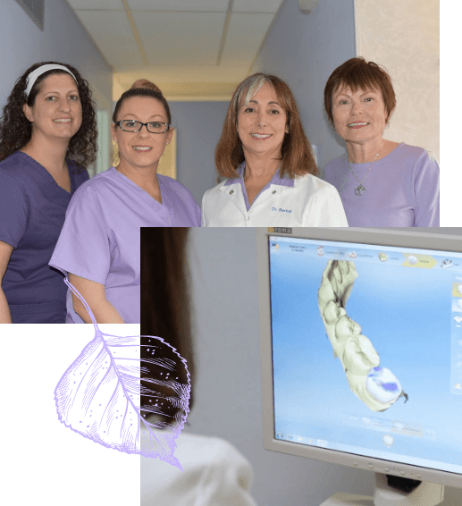 Collage featuring Derry dental team members and digital impressions of teeth on computer